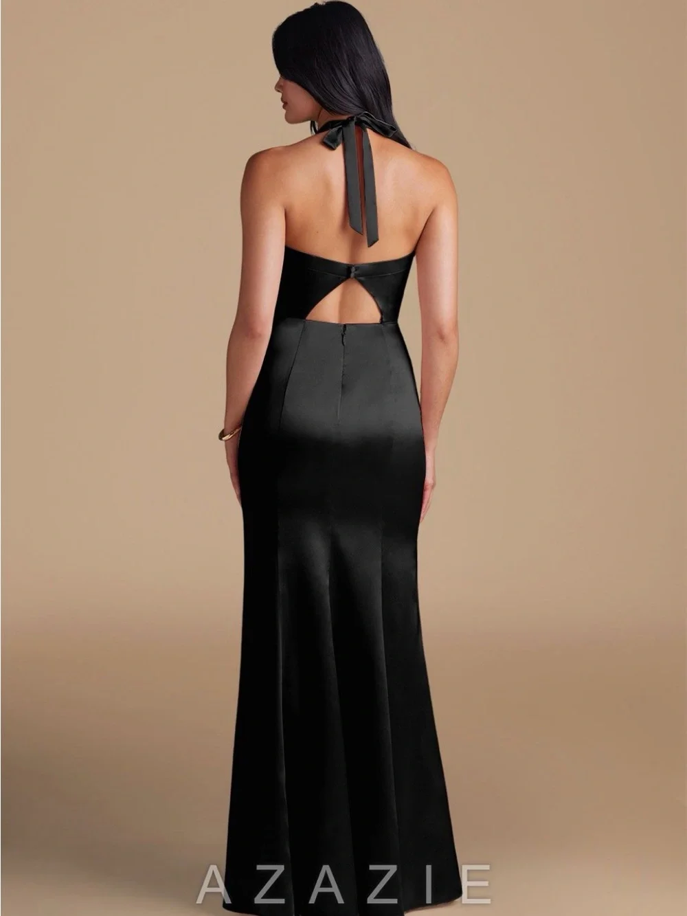 Azazie Black Satin Halter Gown with Side Slit